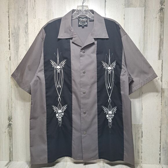 Hard Chrome Mens Snap Down Mechanics Shirt Size L Gray Black Embroidered Skulls - Picture 1 of 12
